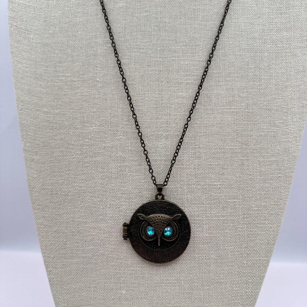 Vintage 90s Owl Locket Necklace Bronze Tone Blue Glass Eyes Boho Fashion Jewelry